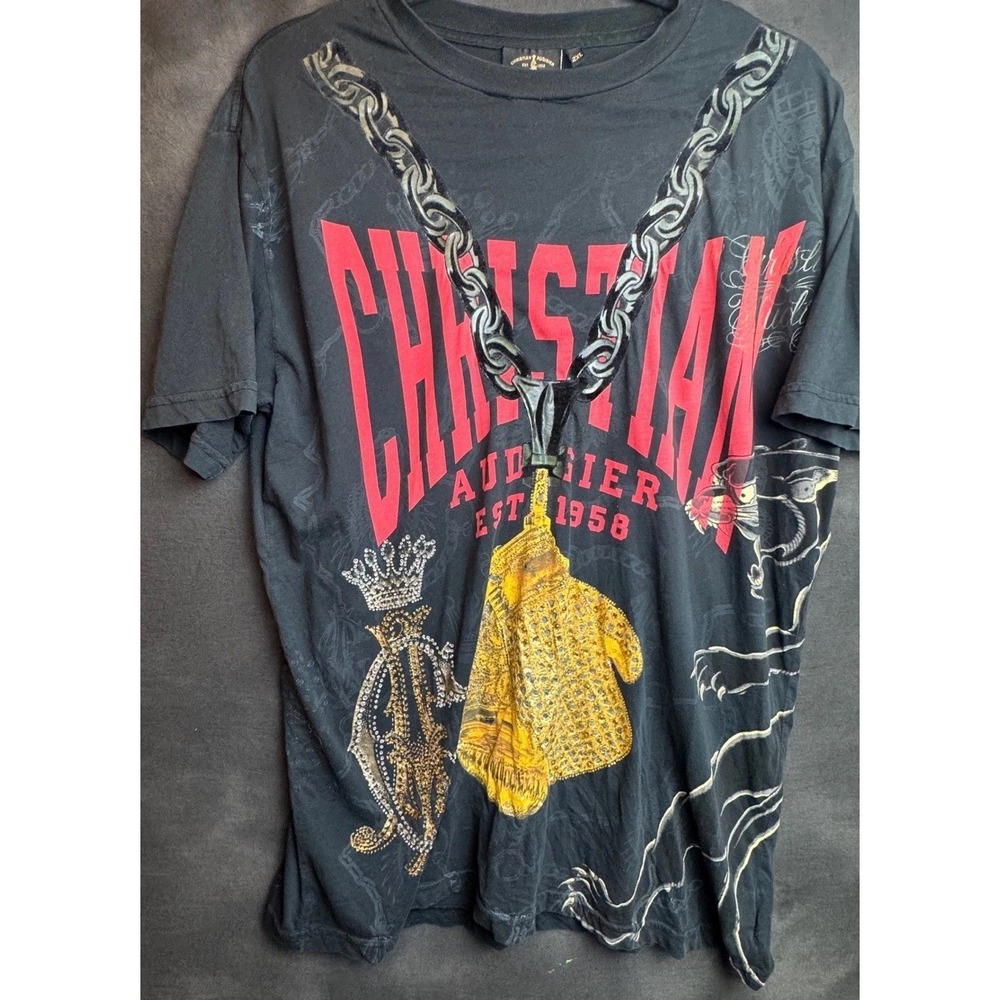 Vintage Christian Audigier Mens T-Shirt 2XL Black Graphic Boxing Gloves Y2K